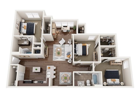 A top-down view of a small apartment layout with a kitchen, living room, and bathroom.